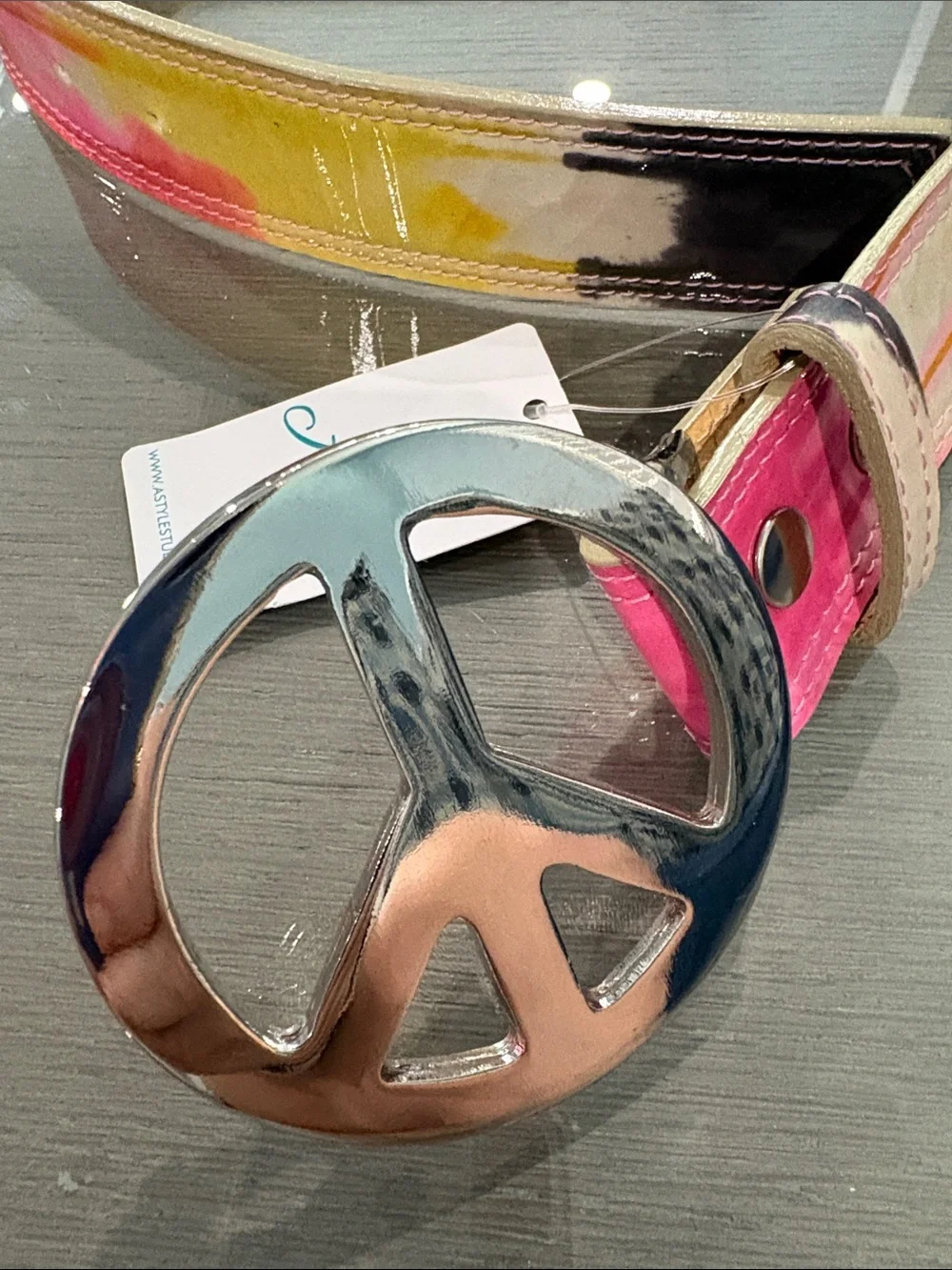 Sweetees Multicolor Patent Leather Belt with Silver Peace Sign Buckle
